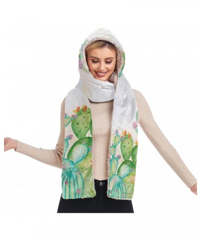 Women Winter Warm Hoodie Hat Scarf Gloves Pocket Warm Hat Watercolor Cactus Long Scarf Wraps(227be1d) $20.99 Scarves