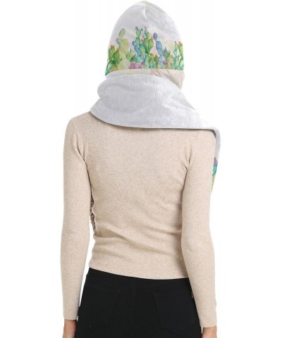 Women Winter Warm Hoodie Hat Scarf Gloves Pocket Warm Hat Watercolor Cactus Long Scarf Wraps(227be1d) $20.99 Scarves