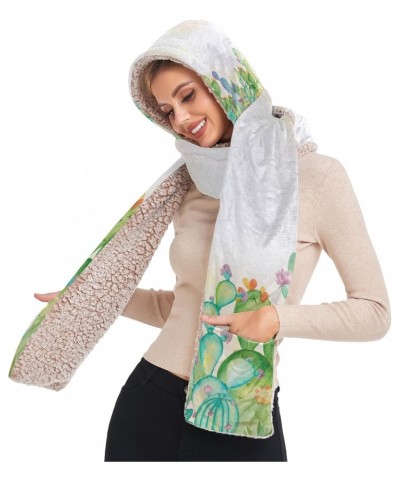 Women Winter Warm Hoodie Hat Scarf Gloves Pocket Warm Hat Watercolor Cactus Long Scarf Wraps(227be1d) $20.99 Scarves