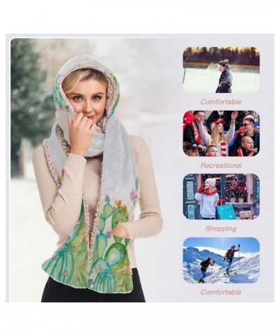 Women Winter Warm Hoodie Hat Scarf Gloves Pocket Warm Hat Watercolor Cactus Long Scarf Wraps(227be1d) $20.99 Scarves