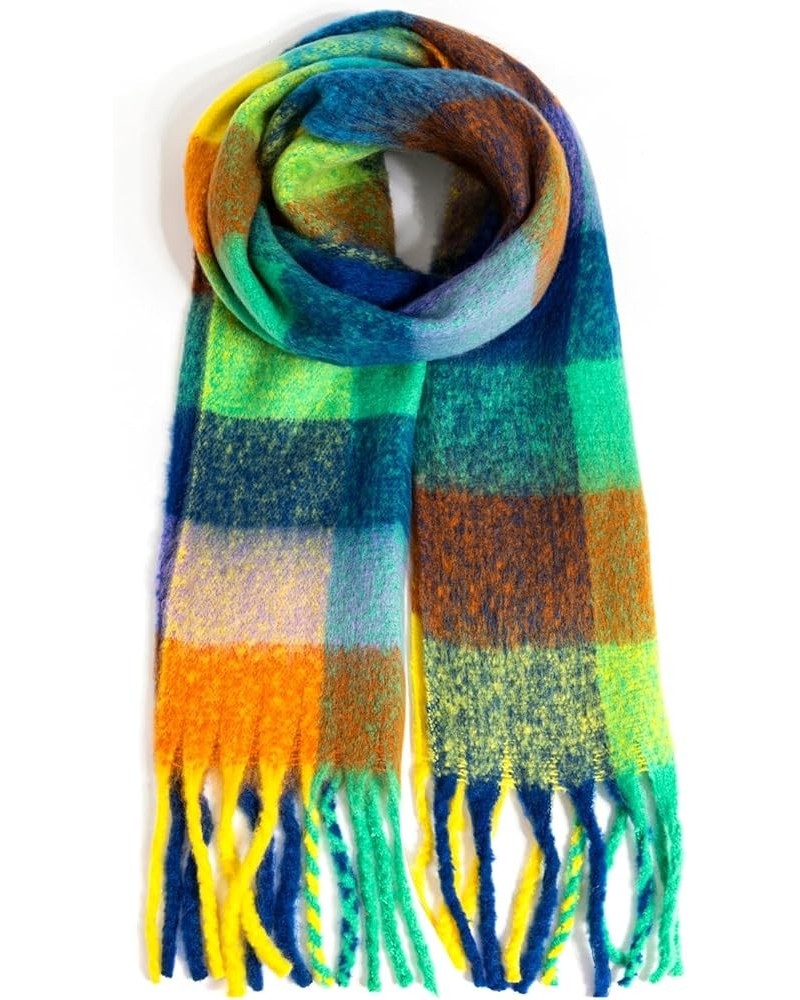 Women's Scarf Cashmere Big Colorful Plaid Thick Wrap Winter Oversized Warm Blanket Chunky Scarf Blue Green Yellow $9.83 Scarves