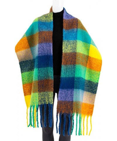 Women's Scarf Cashmere Big Colorful Plaid Thick Wrap Winter Oversized Warm Blanket Chunky Scarf Blue Green Yellow $9.83 Scarves