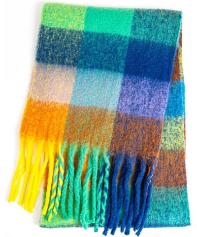 Women's Scarf Cashmere Big Colorful Plaid Thick Wrap Winter Oversized Warm Blanket Chunky Scarf Blue Green Yellow $9.83 Scarves