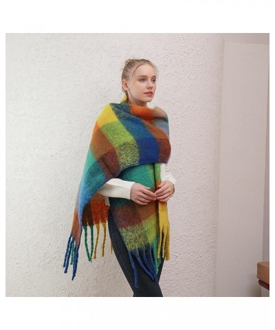 Women's Scarf Cashmere Big Colorful Plaid Thick Wrap Winter Oversized Warm Blanket Chunky Scarf Blue Green Yellow $9.83 Scarves