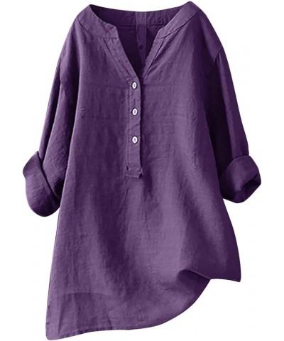 Loose Button Down Blouse Tops Stand Solid Sleeve Long Casual Women Linen Shirt Blouse Shirts for Women Linen Silk 2-purple $1...