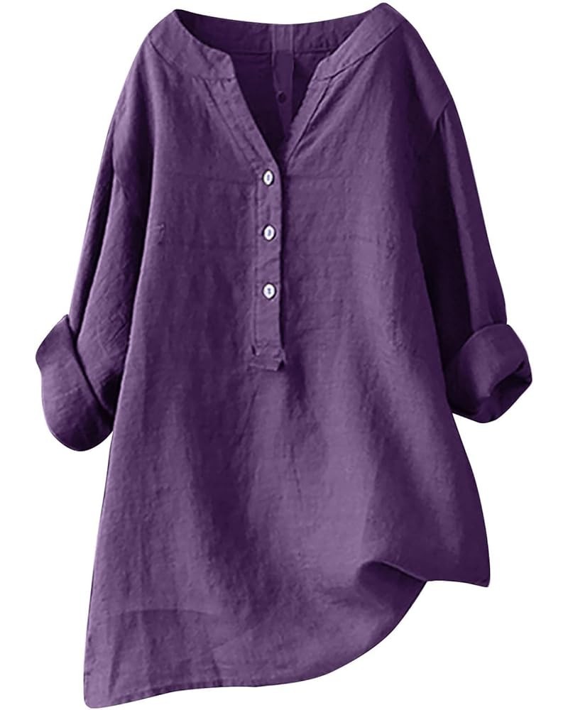 Loose Button Down Blouse Tops Stand Solid Sleeve Long Casual Women Linen Shirt Blouse Shirts for Women Linen Silk 2-purple $1...