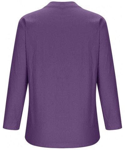 Loose Button Down Blouse Tops Stand Solid Sleeve Long Casual Women Linen Shirt Blouse Shirts for Women Linen Silk 2-purple $1...