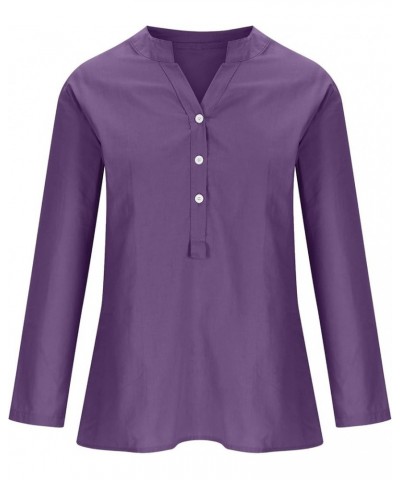 Loose Button Down Blouse Tops Stand Solid Sleeve Long Casual Women Linen Shirt Blouse Shirts for Women Linen Silk 2-purple $1...