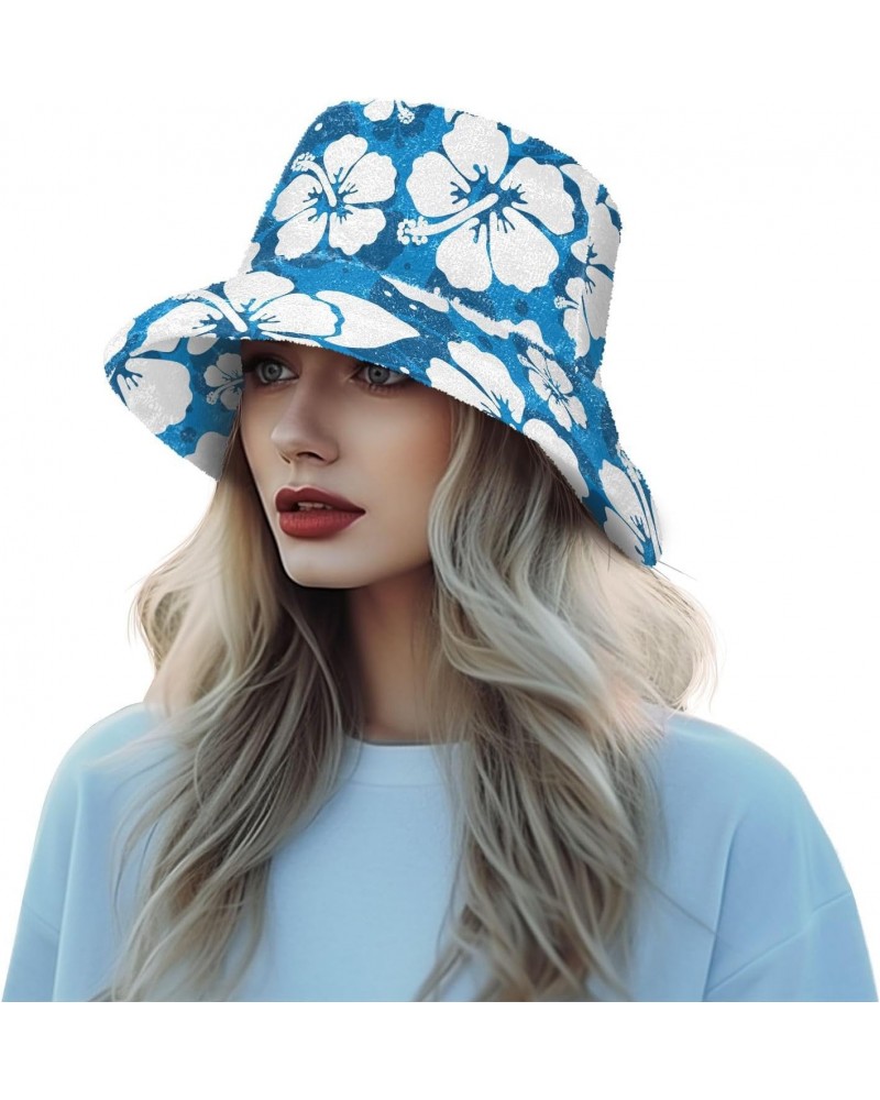 White Hibiscus Flowers Fuzzy Bucket Hat for Women Fishermans Hat Plush Fisherman Hat for Casual $10.08 Bucket Hats