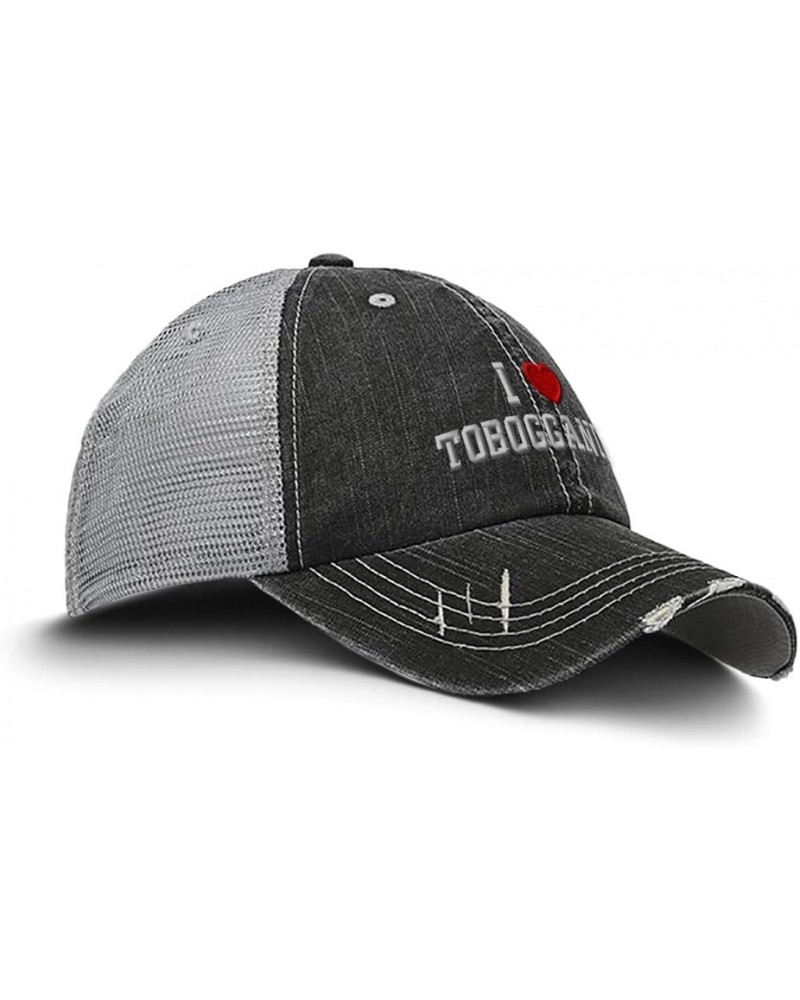 Custom Distressed Trucker Hat I (Love) Tobogganing Red Heart Sports Lovers Black Gray Design Only $11.48 Baseball Caps