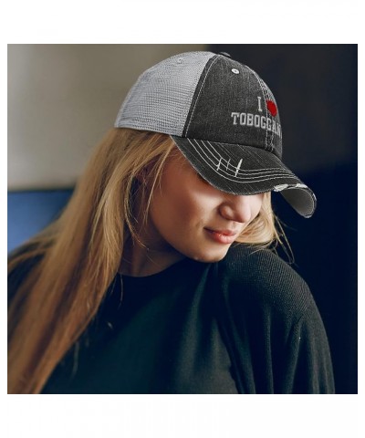 Custom Distressed Trucker Hat I (Love) Tobogganing Red Heart Sports Lovers Black Gray Design Only $11.48 Baseball Caps