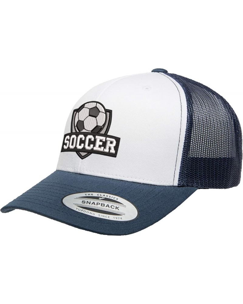 Embroidered Soccer Trucker Snapback Cap Mesh Back Men and Women Navy/White/Navy-bk $11.75 Baseball Caps