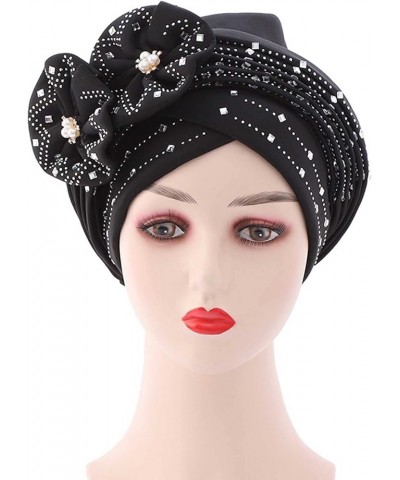 Fashion Women African Pattern Turban Flower Caps Beading Braid Hat Muslim Ruffle Cancer Wrap Cap Sleep Caps Hair Bonnets B-bl...