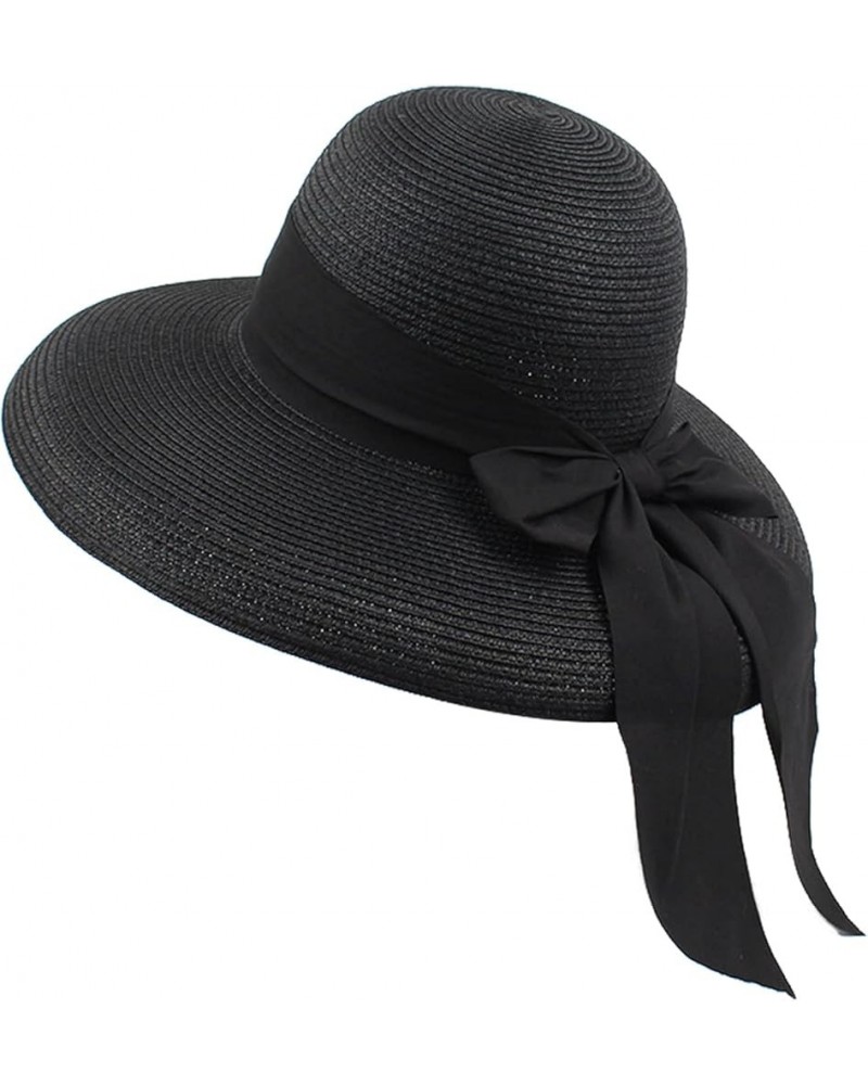 Womens Sun Straw Hat Summer Travel Foldable Brim Bucket Hat Panama Hat Vintage Cloche Beach Fishing Cap for Black $10.25 Sun ...