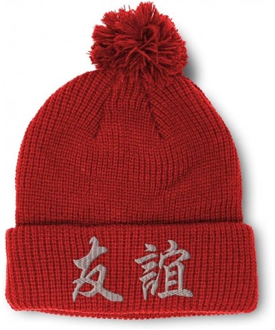 Pom Pom Beanies for Women Chinese Symbol for Friendship Embroidery Skull Cap Winter Hats for Men 1 Size Red Design Only $17.1...